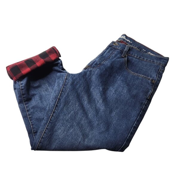 Eddie Bauer Jeans Mens 34x30 Flannel Lined Red Buffalo Plaid Straight Leg - Picture 2 of 8